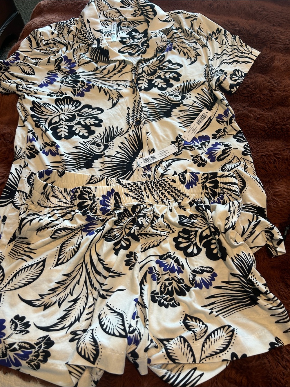Soma Floral Button-Front Pajama Set in Ivory, Black & Purple